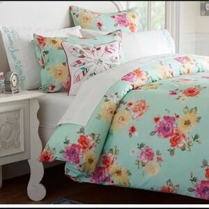 Pottery Barn $159 Junk Gypsy Blue Colorful Spring Blooms Full Queen Duvet Cover